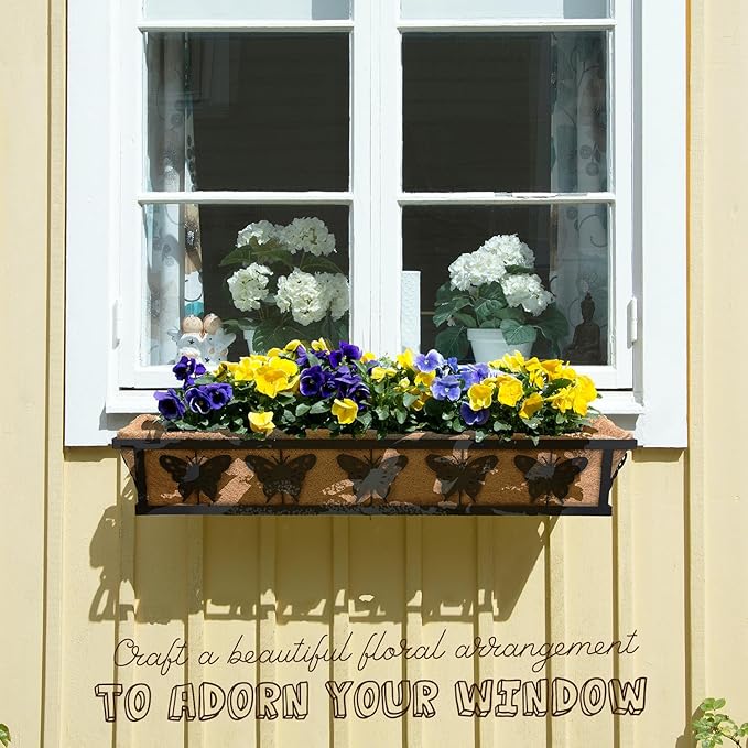 Window Box Railing, 24IN Black Metal Hanging Flower Planter Basket with Coco Liner for Outdoor Balcony Porch Fence Patio for Home, Office and Hotel (Black - 4 Pcs/Set)
