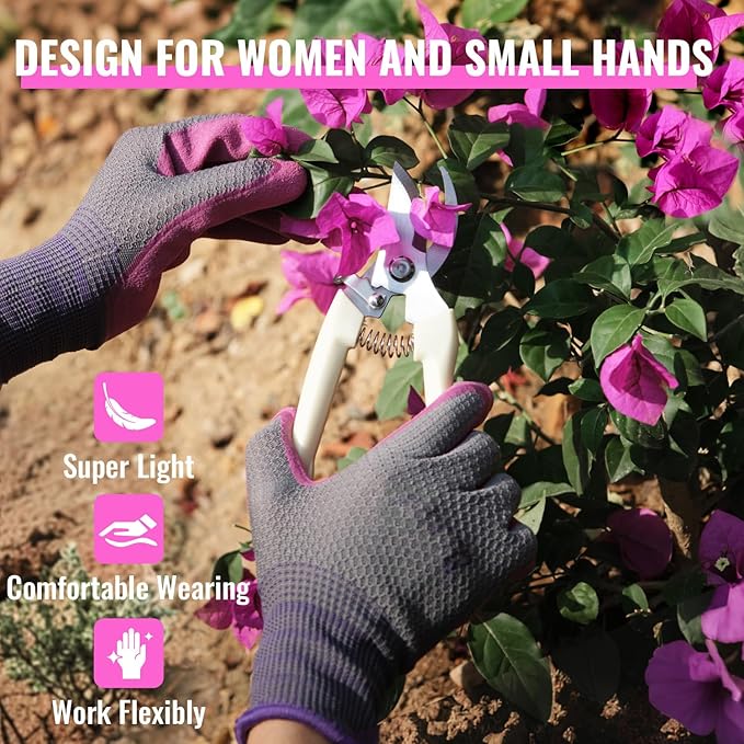 3 Pairs Gardening gloves for women ladies, Garden gloves with rubber coating, Work gloves for Weeding, Digging, Raking, Pruning Flower Rose (Small/7)