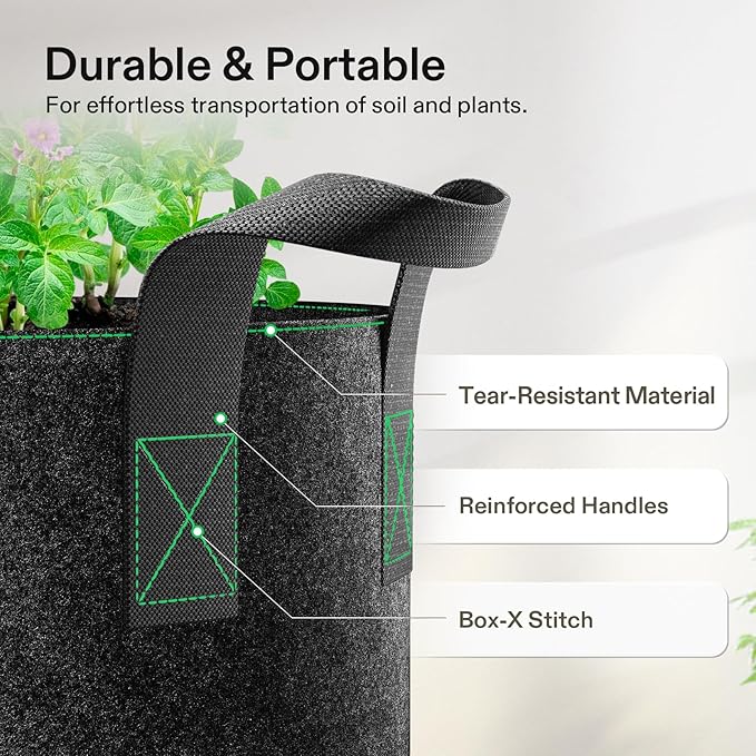 VIVOSUN 20-Pack 1 Gallon Grow Bags, Heavy Duty Thickened Nonwoven Fabric Pots with Handles for Flowers Fruits and Vegetables Black