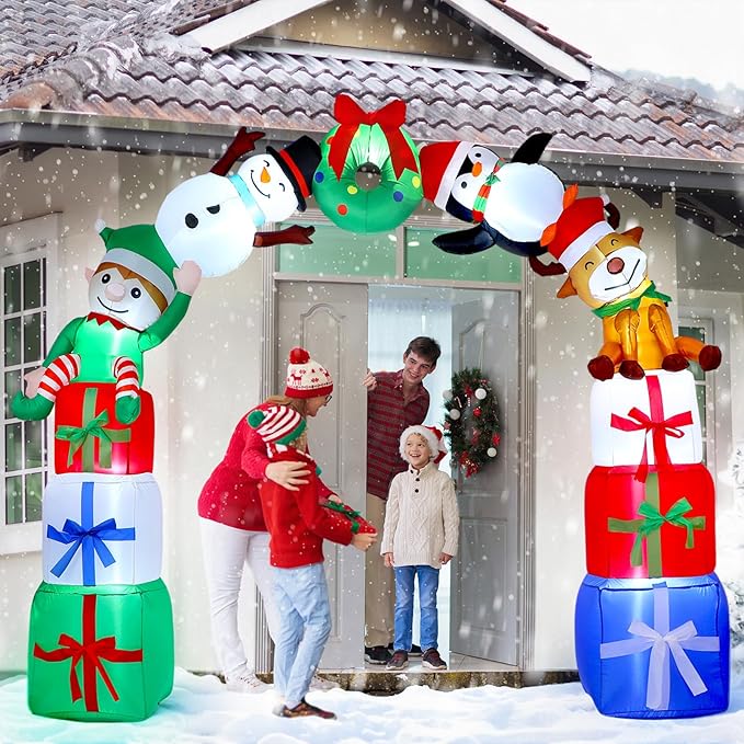 Leyndo 8FT Christmas Inflatable Arch Archway Outdoor Decoration with LED Lights Inflatable Elk Penguin Snowman Sitting on Gift Boxes Christmas Arch Blow up Yard Decor for Xmas Lawn Yard Garden Outside