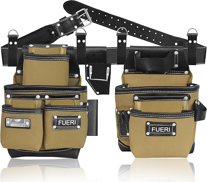 FUERI Tool Belt Leather Nylon Heavy Duty 19 Pocket Bag Pouch for Men Carpenter Electrician Bags Pouches Holder Organizer Foam Padded Belts Suspender Loops Set