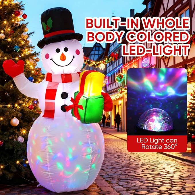 5FT Christmas Inflatables Snowman with Gift Box & Rotating Lights, Build-in LED Lights Blow up Xmas Inflatables Decoration for Yard Garden Lawn (Snowman)