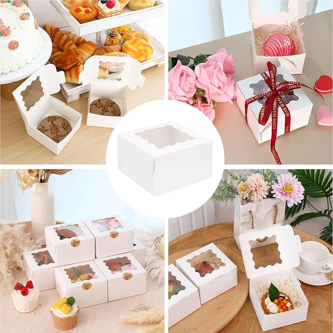 Moretoes Bakery Boxes with Window, 24pcs 4x4x2.5 Inches Bakery Boxes with Stickers for Small Cookies, Treats, Desserts, Chocolate Covered Strawberries, Mini Cake
