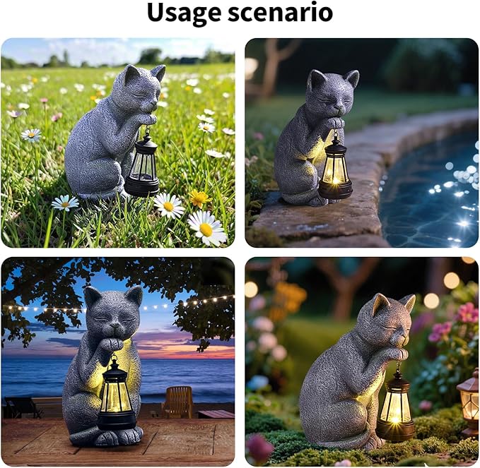 Solar Happy Cat Outdoor Statue Garden Decor,Birthday Gifts for Grandma Mom Women, Ornament for Balcony, Garden, Patio, Yard, Lawn Porch Patio Balcony Home House,(LED Lantern Cat)