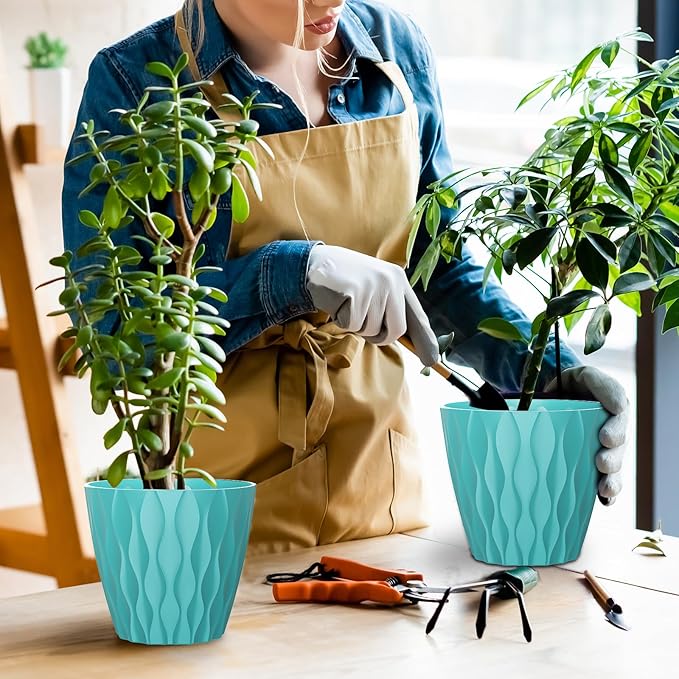7 Inch Plant Pots with Saucers, 6 Pack Indoor Flower Pots, Planters with Drainage Holes for Orchids, Violets, Succulents, Herbs, and Other Plants, White (Black-Green, 7inch)