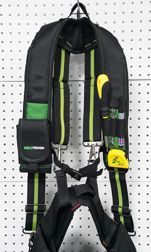 MELOTOUGH Tool Belt Suspenders Construction Work Suspenders with detachable phone holder comfortable foam shoulder padder (Oliver Green)