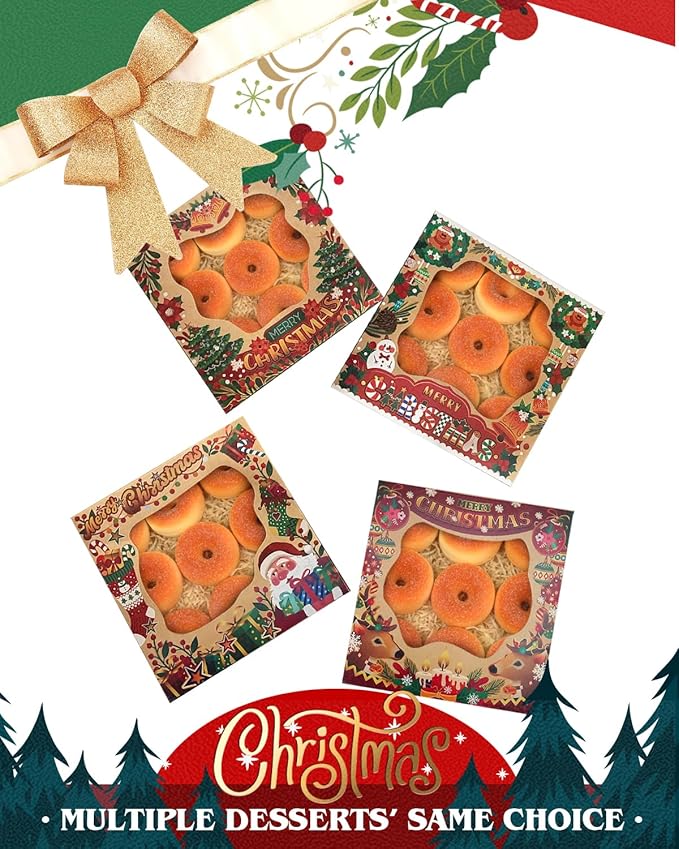 qiqee Christmas Kraft Cookie Boxes with Window 12packs 9x9x2.5 Inch Bakery Box Pastry Box for Christmas