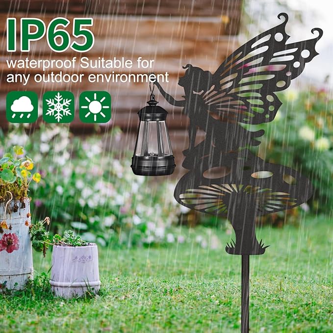 2Pack Solar Outdoor Garden Lights Stakes Solar Metal Flower Fairy Lawn Deco Statue Flower Fairy Patio Garden Decorative Stakes with Solar Lantern Christmas Birthday Gifts for Women Mom and Grandma