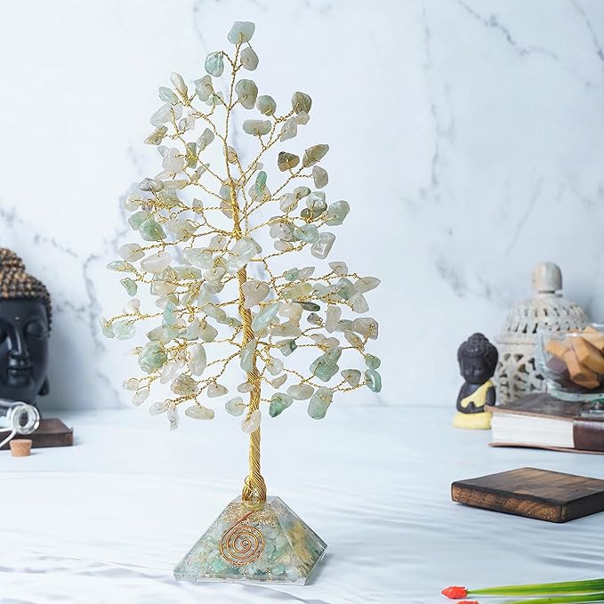 Green Jade Tree of Life - Jade Gemstone Pyramid Base, Crystal Tree for Positive Energy, Feng Shui, Good Luck, Green Healing Crystals, Chakra