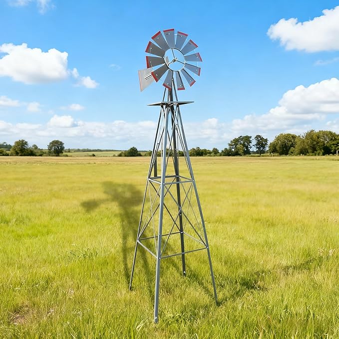 8FT Windmill for Yard Garden Decoration with Weather Vanes，Heavy Duty Outdoor Wind Mills, Large Metal Outdoor Windmill,Weather Resistant,Gray
