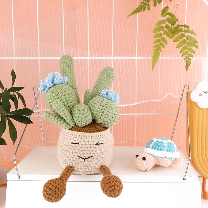 Crocheted Cactus Plants by Hand, Simulated Succulent Plants Potted with Wool Woven Flower for Father's Day, Mother's Day, Thanksgiving Day, Christmas Day and Wedding Decoration (Blue)