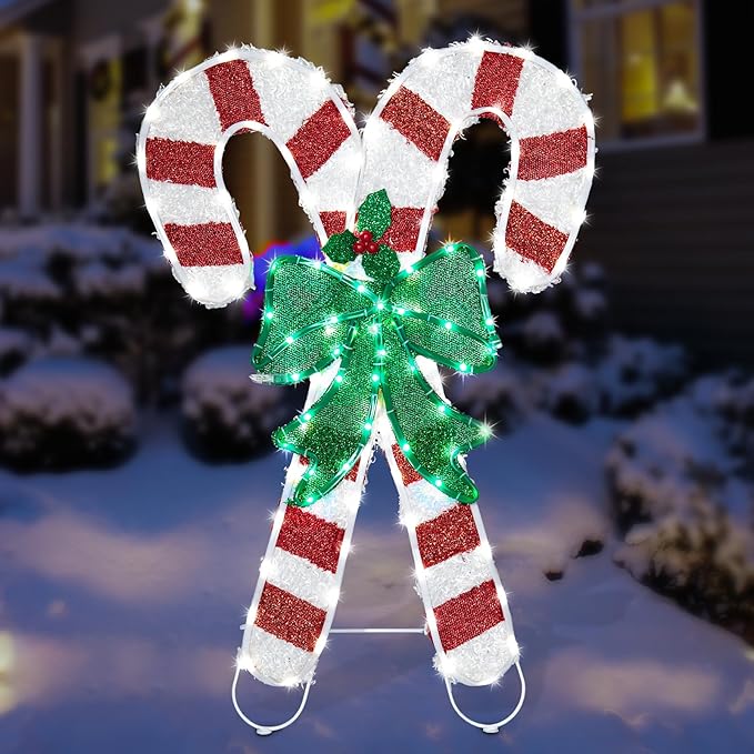 Christmas Candy Cane Lighted Decoration Christmas Lighted Crossed Candy Canes with Holly Berries Pre-Lit Decoration for Xmas Home Pathway Lawn Party Display