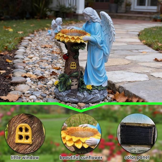 Solar Garden Statue, Angel Outdoor Decor with Color Changing Light Garden Figurine Sunflower Outdoor Statue Waterproof Sculpture Lawn Ornament for Patio Backyard Christmas Birthday Present
