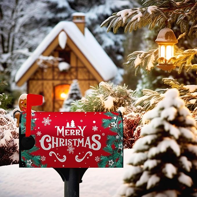 Merry Christmas Mailbox Cover Xmas Trees Magnetic Mailbox Covers Poinsettia Winter Snowflake Letter Post Box Cover Standard Size 21 * 18 Inch Christmas Yard Home New Year Holiday Decorative