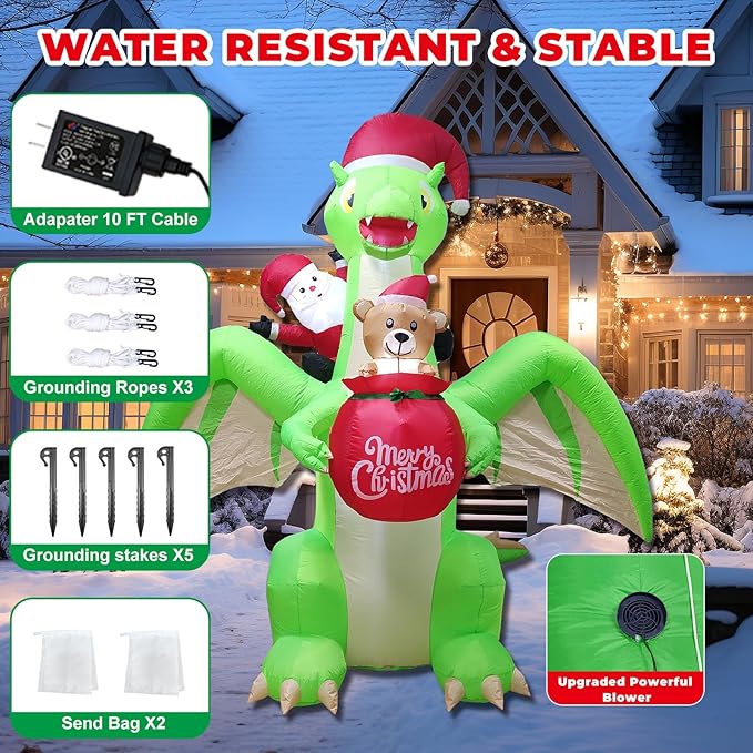 9 FT Giant Dinosaur Christmas Inflatable Decorations,with LED Lights - Santa Riding Dinosaur Christmas, Heavy-Duty Blower for Indoor/Outdoor Holiday Party Decor Weatherproof, Eye-Catching Xmas Display