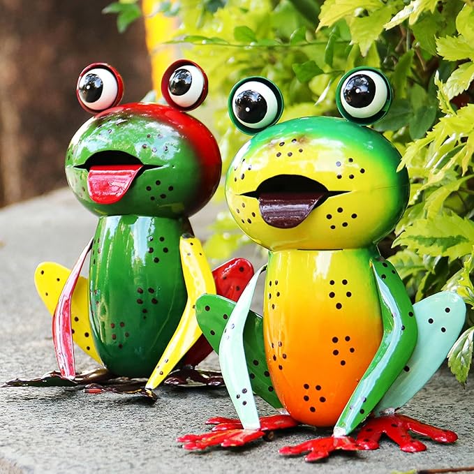 Metal Garden Decor Yard Art for Outside Set of 2 Cute Frogs Lawn Patio Ornaments Backyard Decorations Garden Gifts - (Yellow,Green)