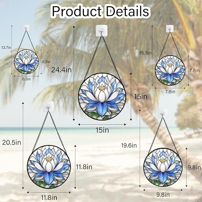 Stained Glass Window Hanging - Blue and White Lotus Petal Suncatcher for Doors Window Home Sun Catchers Decor Christmas Mother's Day July Birthday Gifts for Teacher Women Men Mom Nana 6.3 in