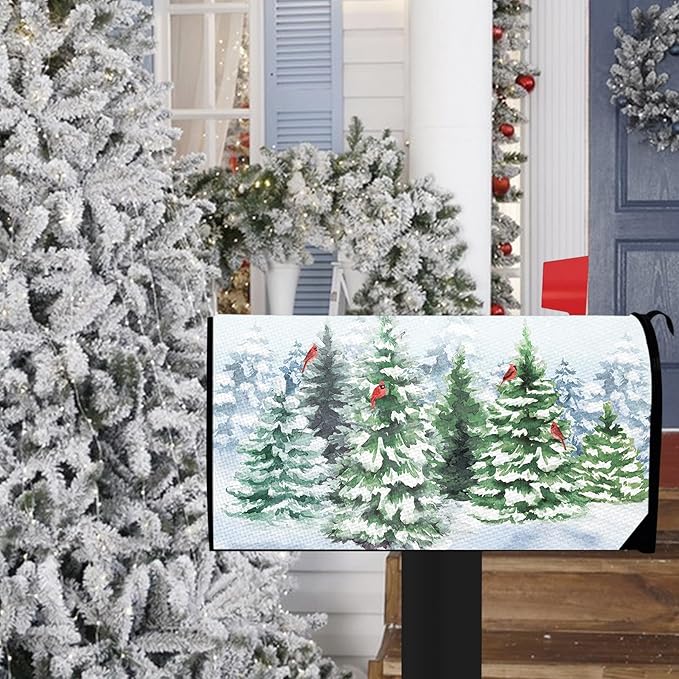 Winter Pine Trees Mailbox Cover Magnetic Standard Size 20.5" x 18", Snowy Forest Cardinal Decorative Post Letter Box Wrap Decor, Woodland Christmas Seasonal Garden Yard Outdoor Decoration