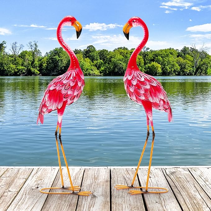 Giantex Flamingo Garden Statues Set of 2, Standing Metal Flamingo Sculptures Bird Ornament Yard Decorations for Lawn Backyard Porch Patio Outdoor Decor, with 4 U-Shaped Stakes (Flamingo)