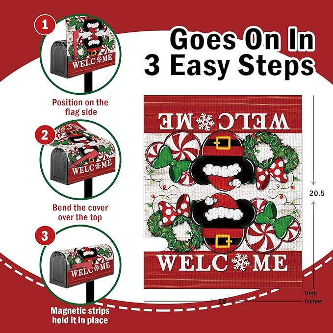 Welcome Christmas Santa Mailbox Cover Magnetic Standard Size 20.5" x 18", Xmas Peppermint Candy Wreath Decorative Post Letter Box Decor, Farmhouse Holiday Garden Yard Outdoor Decoration