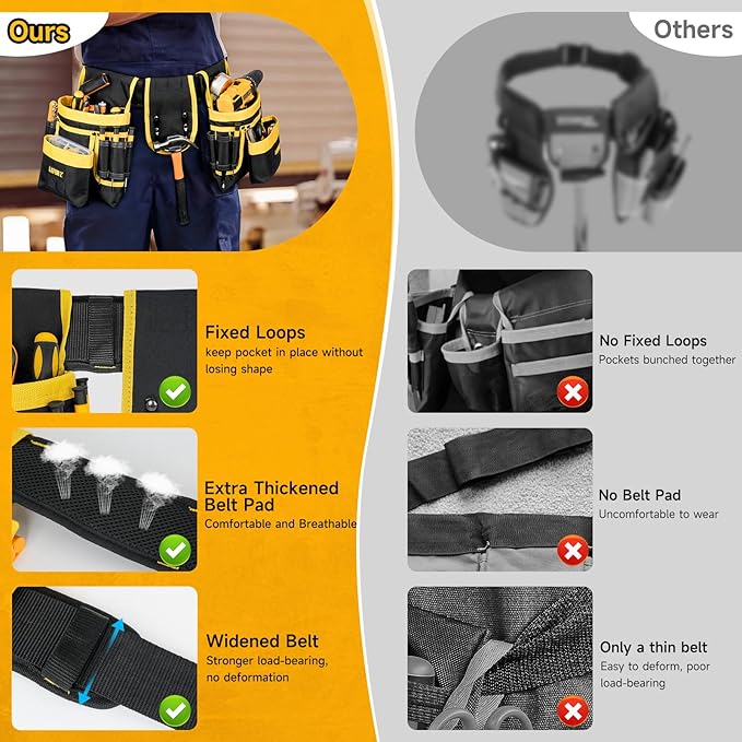 Tool Belt,Magnetic Tool Pouch,27-Pockets Heavy Duty Padded Tool Belts for Men,Detachable & Adjustable Tool Pouch Bag for Electrician,Carpenter,Construction,Work Apron,Utility Belt,Black,Yellow
