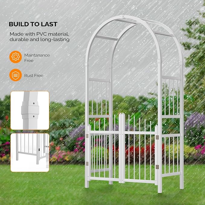 VINGLI Garden Arbor with Gate, PVC Frame Trellis Garden Arch for Plant Climbing, Vinyl Pergola Wedding Arch Backdrop Standing for Backyard, Lawn, Event (White)