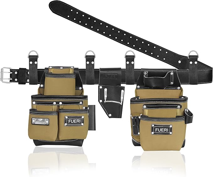 FUERI Tool Belt Leather Nylon Heavy Duty 19 Pocket Bag Pouch for Men Carpenter Electrician Bags Pouches Holder Organizer Foam Padded Belts Suspender Loops Set