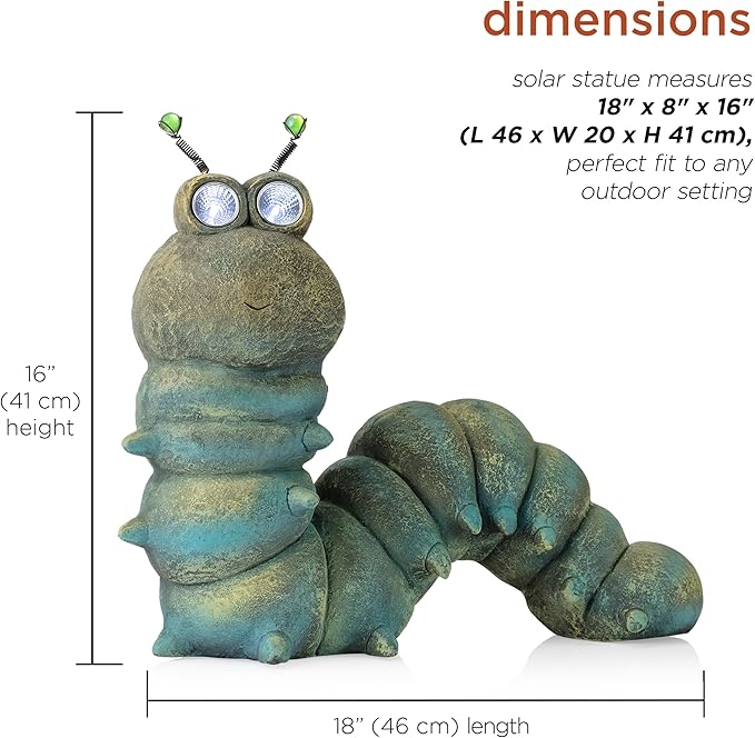 Alpine Corporation FCC121SLR Outdoor Solar Powered Garden Caterpillar Statue with LED Lights, 16" H, Green