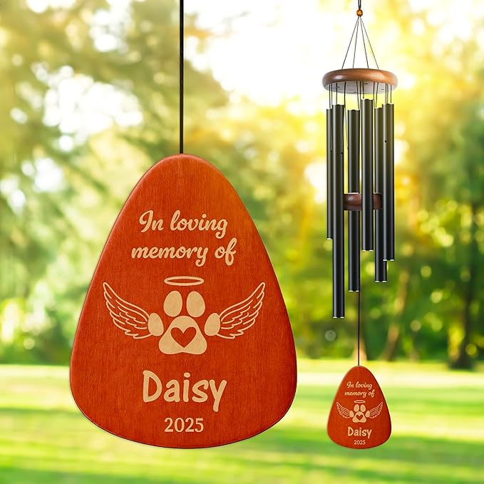 Personalized Pet Memorial Wind Chime - 37" Custom Engraved Pet Loss Gift with Name, Date & Quote - Drop Shape Wooden Pendant & Stainless Steel Tubes, Outdoor/Indoor Remembrance Wind Chime, Black D2