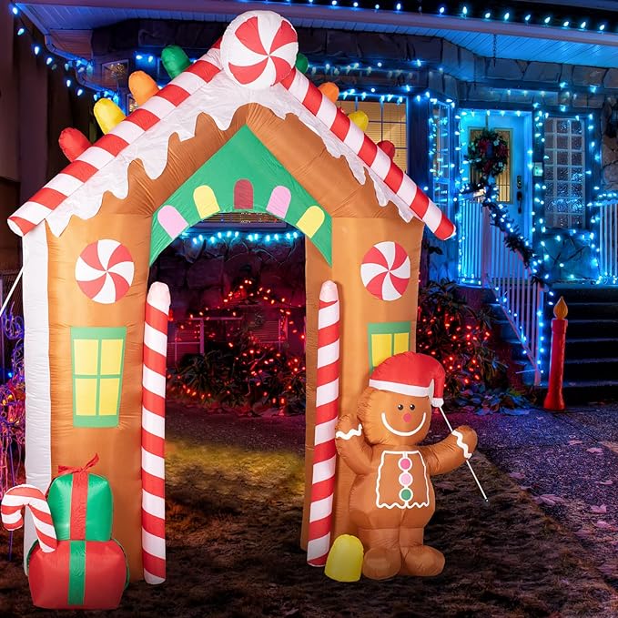 Hioasis 10 FT Christmas Inflatable Decorations - Archway with Gingerbread Man and Gift Box X-mas Outdoor Inflatables with LED Lights Built-in Perfect for Christmas Party&Holiday&Yard&Garden