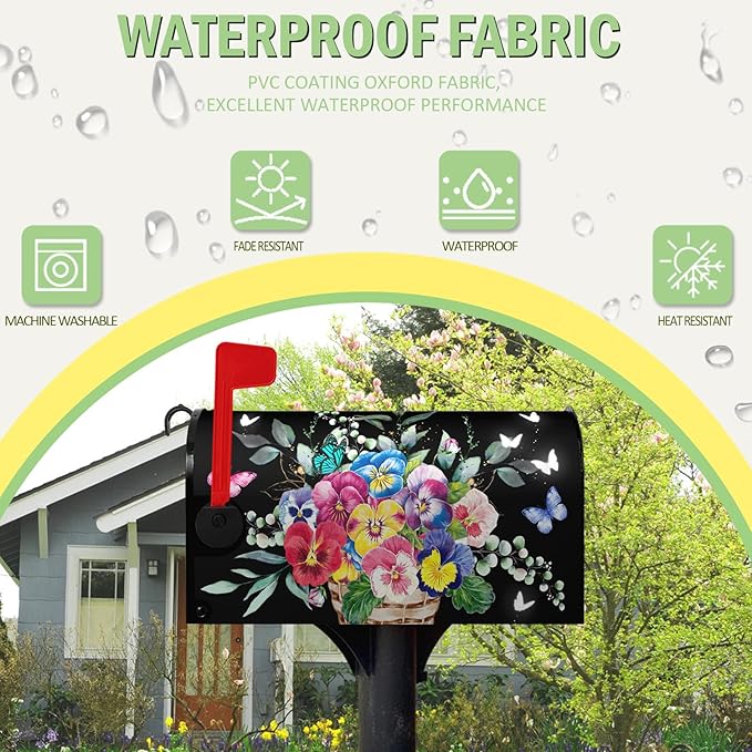 Summer Flower Mailbox Covers Magnetic Pansy Floral Mailbox Post Cover Black Colorful Pansies Butterfly Mail Box Wraps Waterproof for Garden Yard Standard Size 21x18 Inch