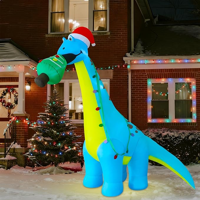 DR.DUDU 12 FT Christmas Inflatable Outdoor Decorations, Large Blow Up Dinosaur Inflatables with Santa Hat Christmas Tree Light up Giant Xmas Holiday Decor for Yard Lawn Garden Outside
