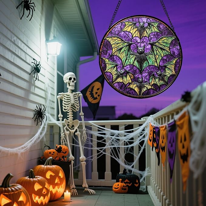 Stained Glass Window Hanging - Halloween Decorations Bats Suncatcher for Doors Garden Indoor Spooky Funny Purple Sun Catchers Gothic Decor Horror Gifts for Women Men Friend 6.3 in