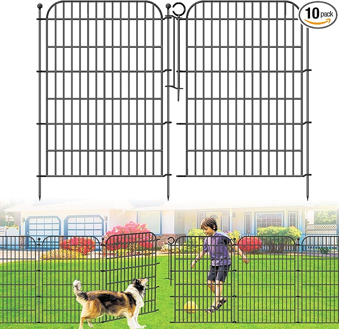10 Panels Decorative Outdoor Garden Fence with Gate, 40 in(H) X 23.6 ft(L) Rustproof Metal Wire Panel Border for Yard, No Dig Temporary Tall Fence with Ground Stakes, Animal Barrier for Dog