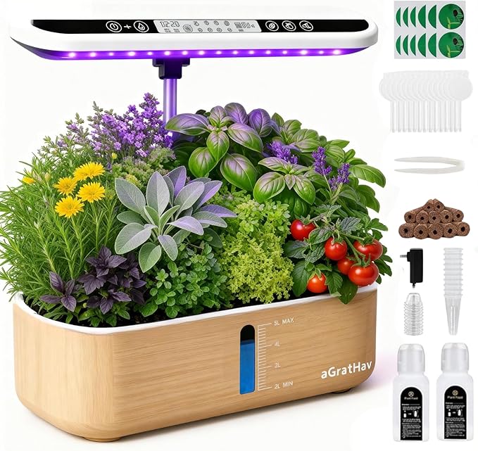 Hydroponics Growing System Kit, Indoor Herb Garden, 14 Pods Upgraded LCD Display, LED Grow Light Quiet Smart Water Pump Automatic Timer, Hydroponic Planter for Home Kitchen Office