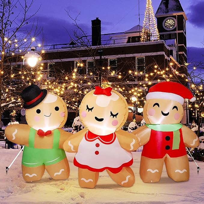 Joliyoou 8FT L Christmas Inflatable Decoration, Set of 3 Blowup Gingerbread Man Hand in Hand, Adorable Xmas Inflatable Ginger Bread Man for Winter Holiday Outdoor Indoor Decor