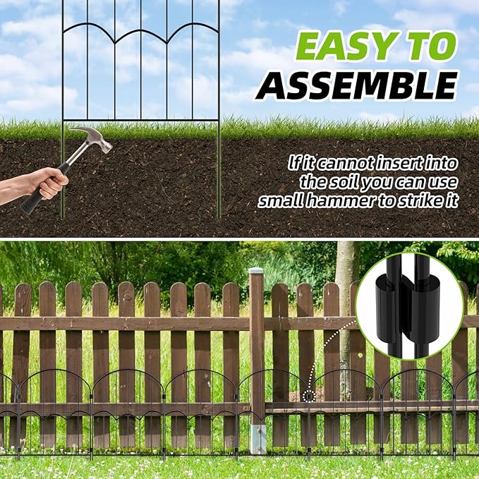 12 Panels Decorative Garden Fence Dog Fence Outdoor for Yard 13ft (L) X 2ft (H) Black Animal Barrier with No-Dig Stakes Arched Rustproof Metal Wire Decorative for Flower Landscaping and Garden Edging