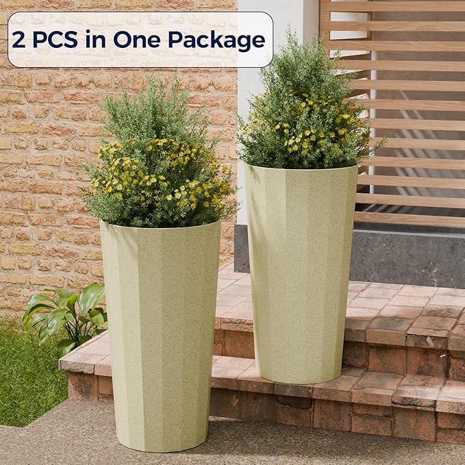 23.6" Tall Planters for Outdoor Plants, Large Outdoor Planters for Porch Decor with Drainage Hole, Wide Stripe Design Flower Pots Fits Indoor Plants Patio/Garden, Plastic Off White (2 Pack)