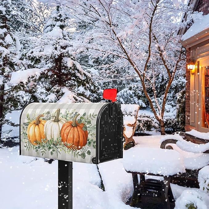 Pumpkin Mailbox Cover Harvest Fall Mailbox Covers Magnetic Standard Size 21x18 inch Green Eucalyptus Leaf Mail Box Covers Pumpkins Decorative Mailboxes for Outside Garden Buffalo Plaid