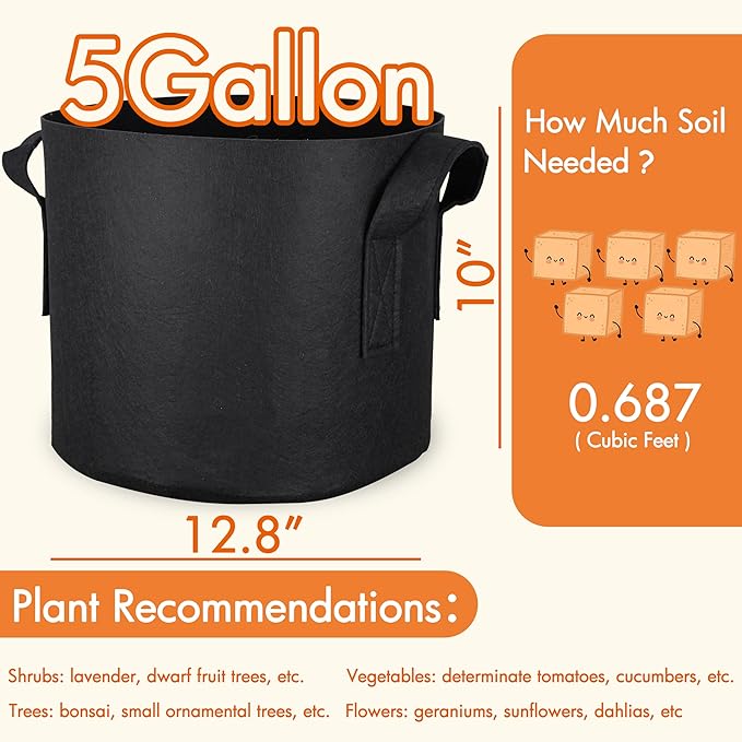 Gardzen 5 Gallon Grow Bags 6-Pack, 500G Thick Nonwoven Fabric Pots with Waterproof Liner & Breathable Bottom, for Hot Dry Climates
