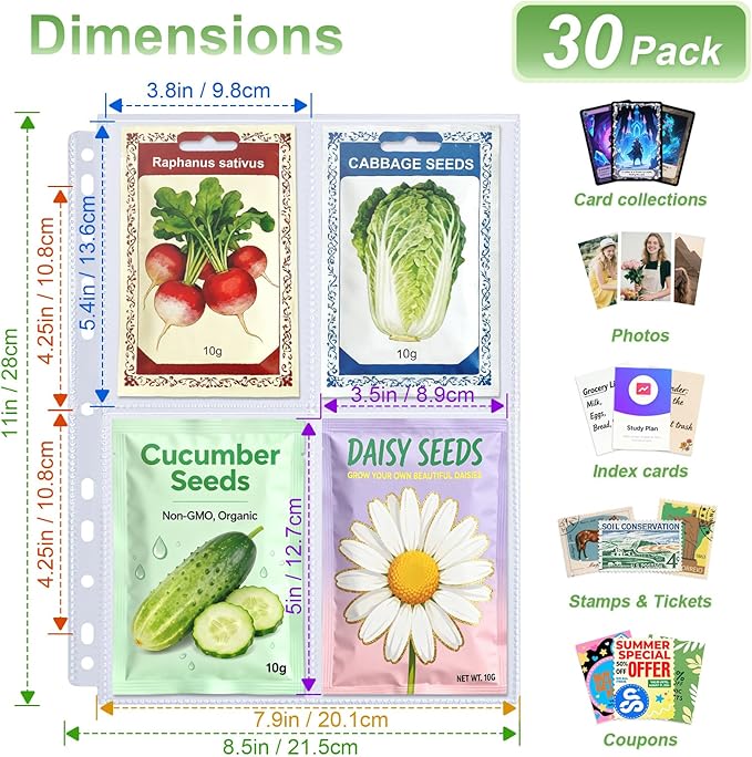 A4 3 Ring Binder Garden Seeds Storage Album with 30 Pcs 3.5x5” Seed Packet Sleeves, PU Leather Hardcover Organization Book for Seed Packet，Photo, Index Card，240 Top Loading Pockets Capacity