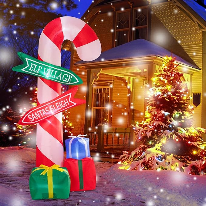 MUMTOP 9 Ft Tall Christmas Inflatables Outdoor Decorations, Inflatables Candy Cane with Road Sign Blow up Merry Christmas Bag Yard Decoration Built-in LED Lights for Outdoor Party Holiday Decor