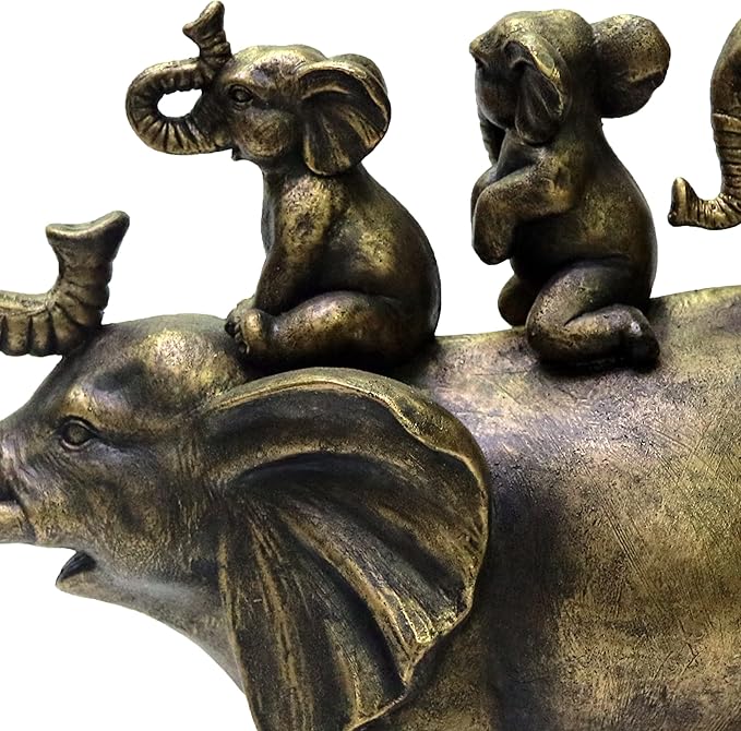 Nature's Mark 8" H 3 Baby Elephants Riding an Elephant Resin Statue Figurine Home Decorative Accent Decor (Bronze)