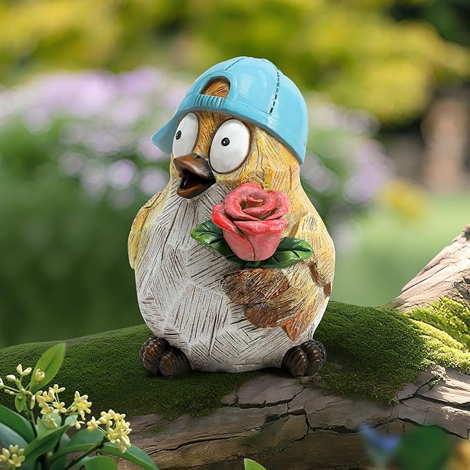 Garden Bird Statue for Decorations Outdoor Animal Figurines Little Bird Holding Flowers Sculpture Birds Figurines for Garden Yard Porch Patio Lawn Outside Home Decor Gift for Woman