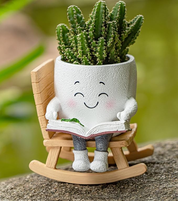 Rocking Chair Smiley Face Planter with Drainage Hole, Cute Plant Pots for Indoor Outdoor Plants,Unique Flower Pot for Succulents, Gift for Mother's Day, Birthday, Christmas(White)