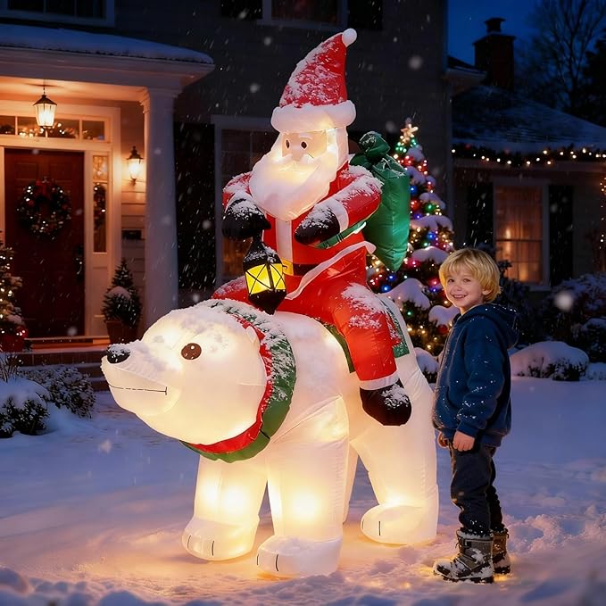 UPWELL 6FT Inflatable Santa Claus and Bear - Classic Outdoor Holiday Yard Decoration with LED Lights, Self-Inflating, Stable & Durable, Suitable for Christmas Decor & Events