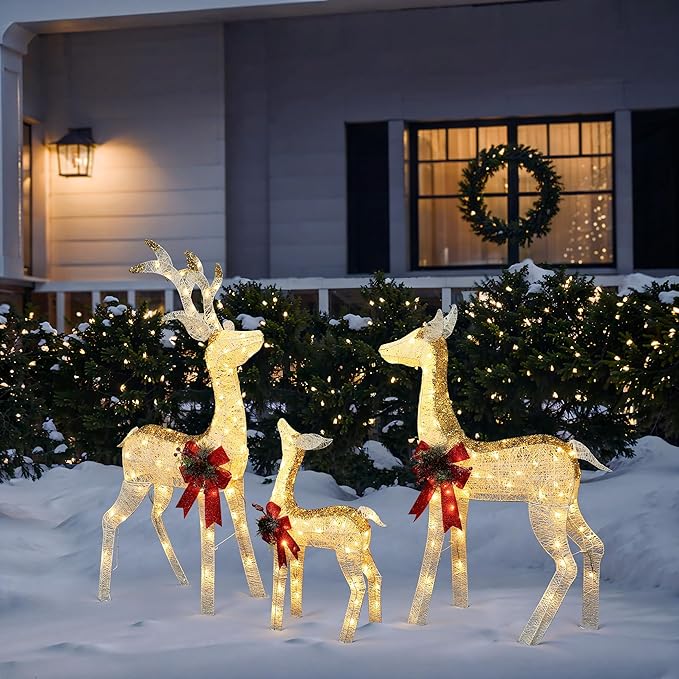 LuxenHome 3PCs Reindeer Christmas Decoration, Glitter White Mesh Indoor & Outdoor Christmas Decor with Red Bow and Pinecone, 200 Warm White LED Lights, Xmas Decorations for Front Porch, Lawn Display