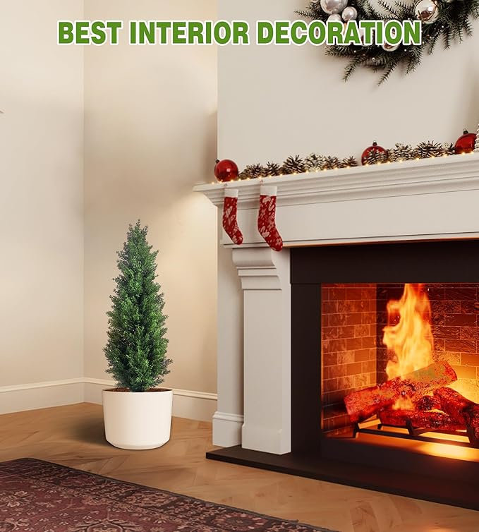 Two 3FT Tall Artificial Evergreen Trees, Beautiful and Realistic Human-Potted False Cypress, an Evergreen Plant for Home Porch Decoration,suitable for interior, office, living room and room decoration