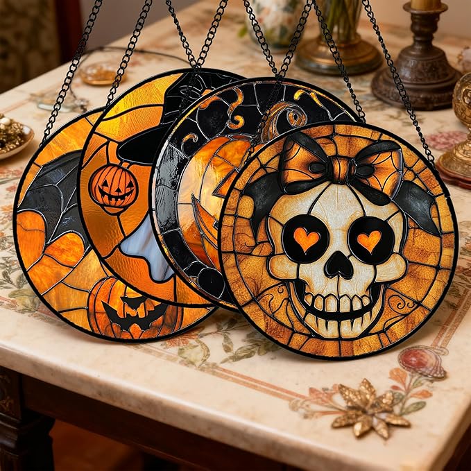 Stained Glass Window Hanging 4 Pcs Set Ghost Pumpkin bat Gothic Decor Large 11.8" - Horror Halloween Suncatcher Door Garden Sun Catcher Birthday White Elephant Gifts for Mom Woman Men Friend