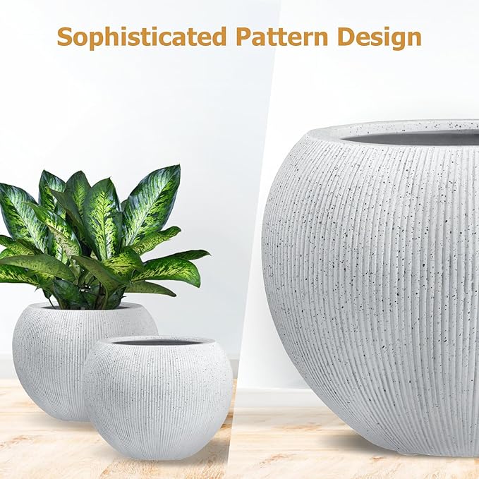 9.7"H x 12"D Globo Fiberstone Round Planter, Christmas Tree Planter, Weather Resistant, Ribbed Finish, Planters for Indoor Plants & Outdoor, Extra Coco Mats (Speckled White,7.8" Pot Opening)